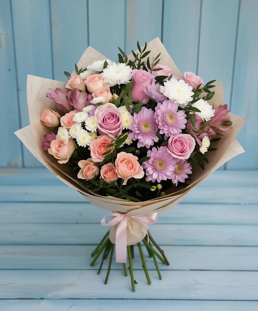 Букет цветов из: Хризантемы, Розы и Альстромерии в Бесленеевской