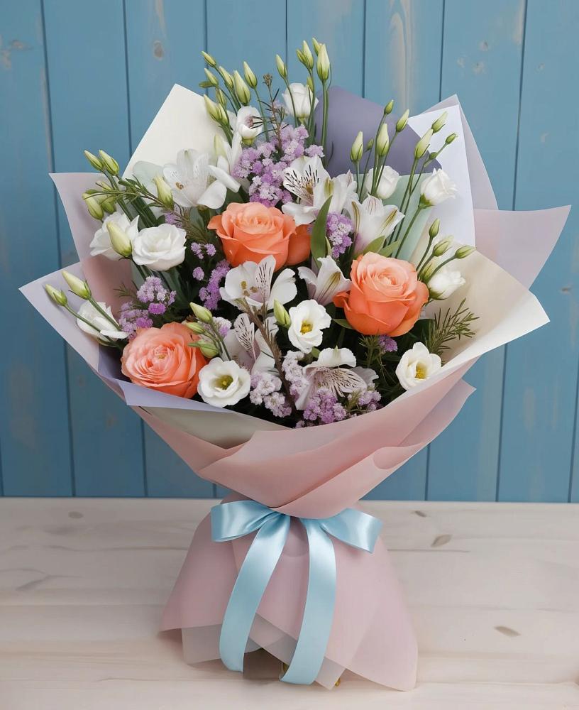 Букет цветов из: Лизиантусы, Розы, Альстромерии и Гипсофила в Бесленеевской