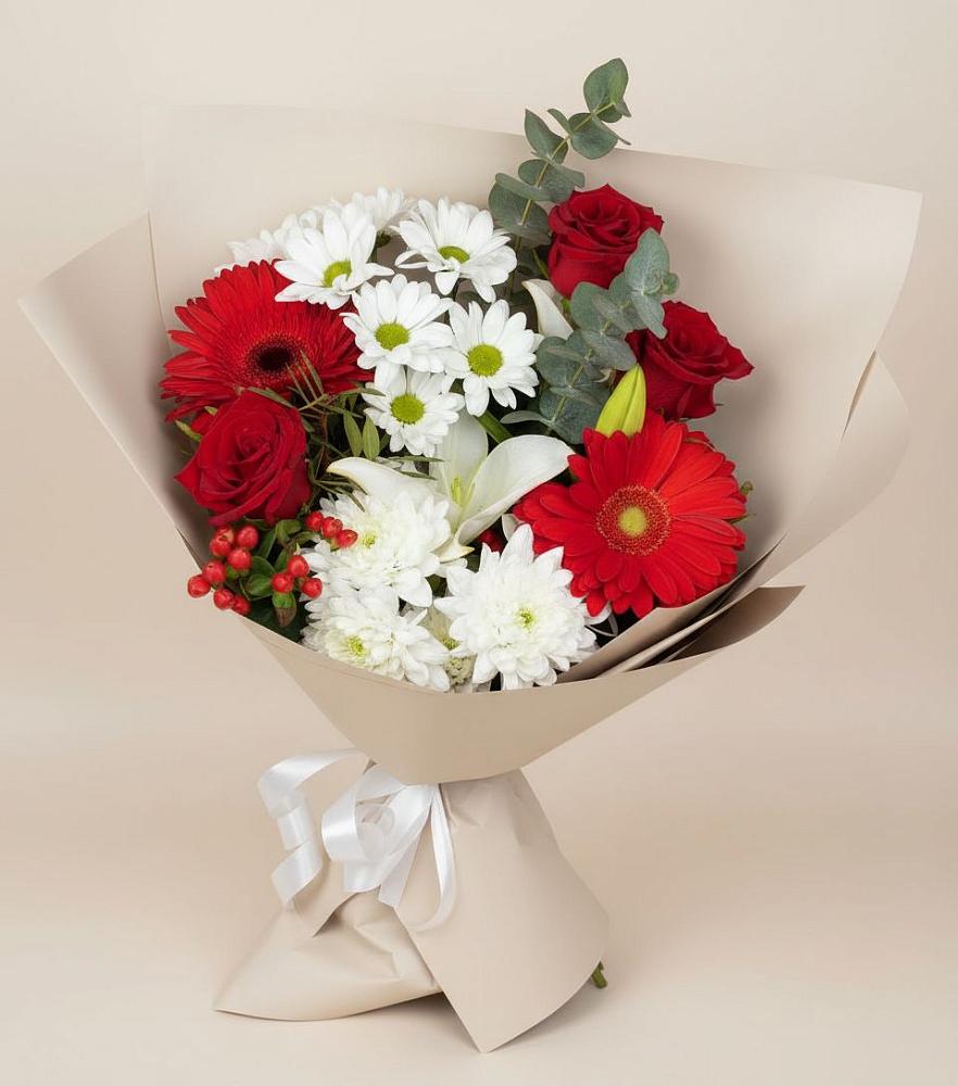 Букет цветов из: Розы, Хризантемы, Герберы и Лилии в Бесленеевской