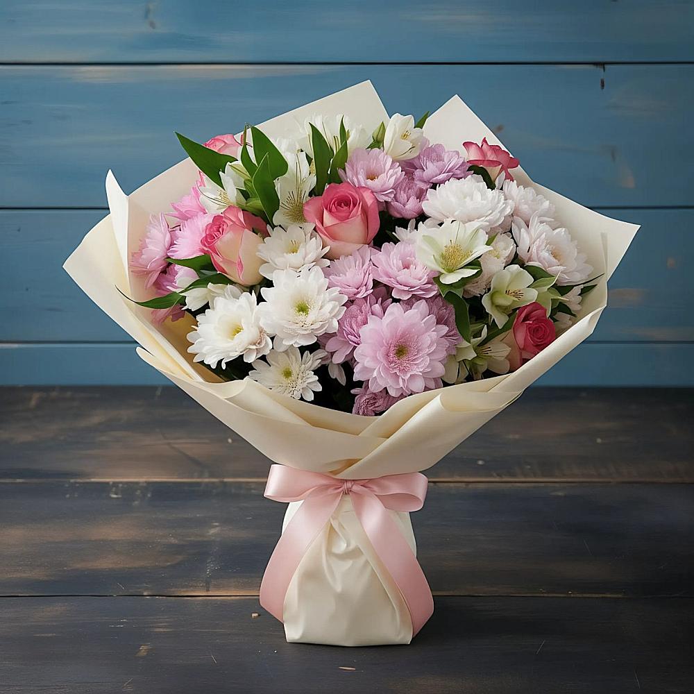 Букет цветов из: Хризантемы, Альстромерии и Розы в Бесленеевской